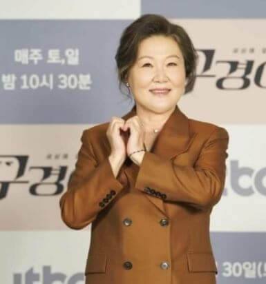 Kim Gap Soo wife Kim Hae-Sook clad in a formal brown suit during an event.